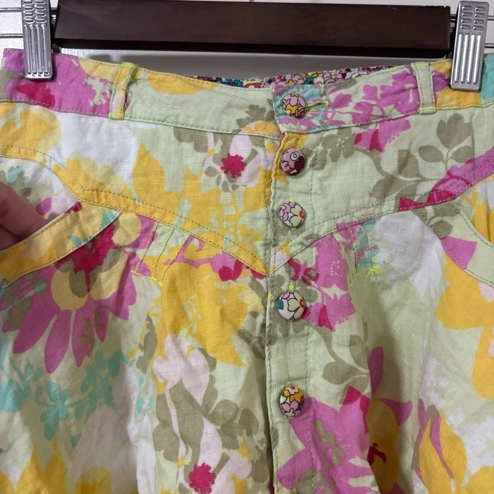 Oilily girls pink yellow Floral Button-Up Skirt with Ruffle Hem size 7-8
